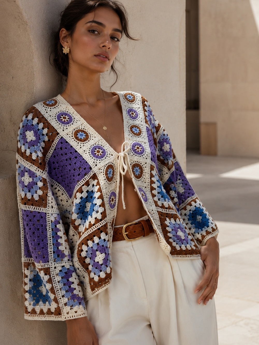 Boho Crochet Granny Square Cardigan M/L Oversized Pastel Floral Statement